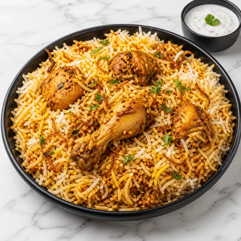 A large portion of chicken dum biryani layered with fragrant basmati rice and spices.