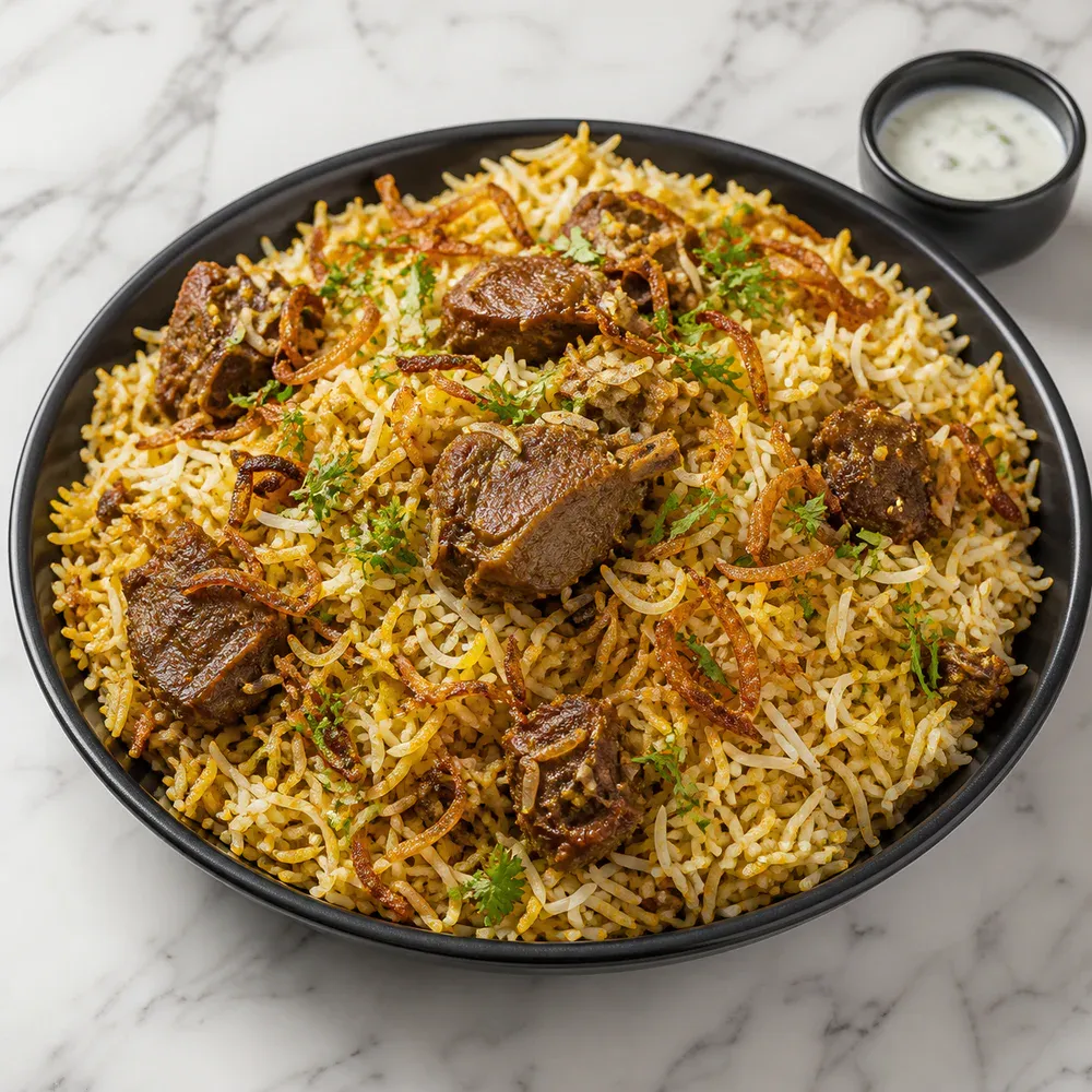 A large portion of goat biryani layered with fragrant basmati rice and spices.