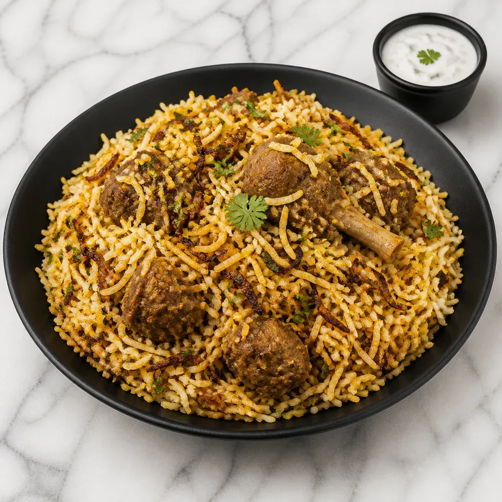 A large portion of lamb biryani layered with fragrant basmati rice and spices.