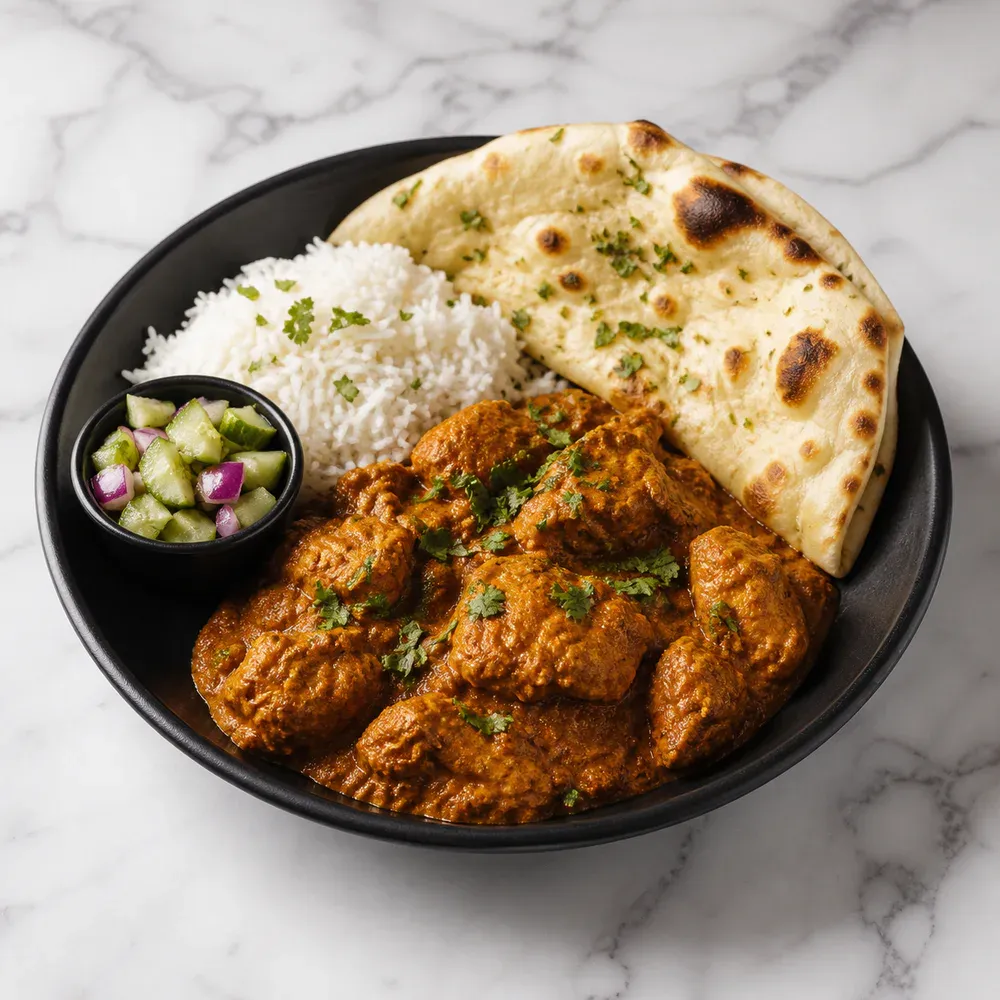 Madras chicken curry served with rice, naan, and a side.