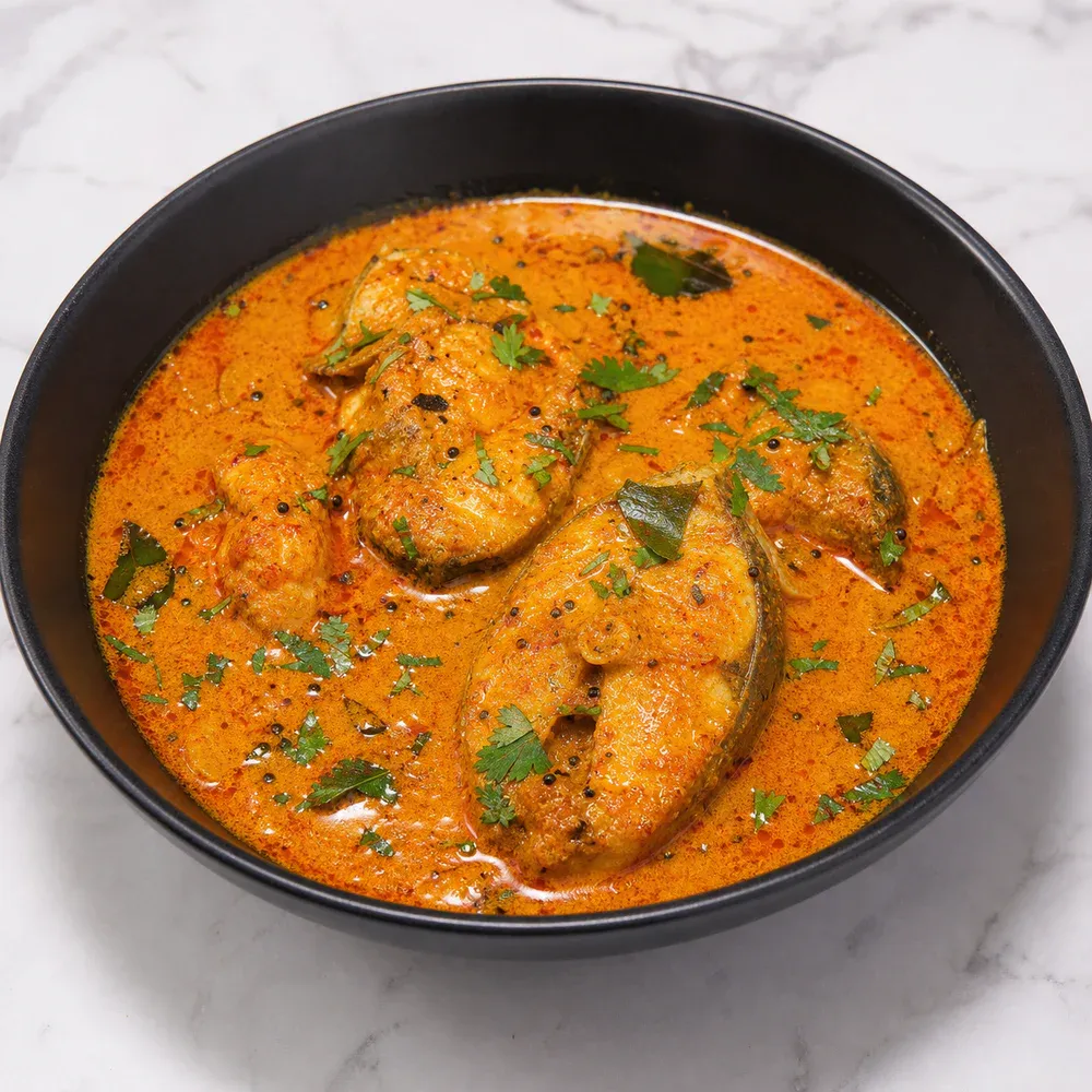 A delicious fish curry with coconut milk, spices, coriander, and mustard seeds.
