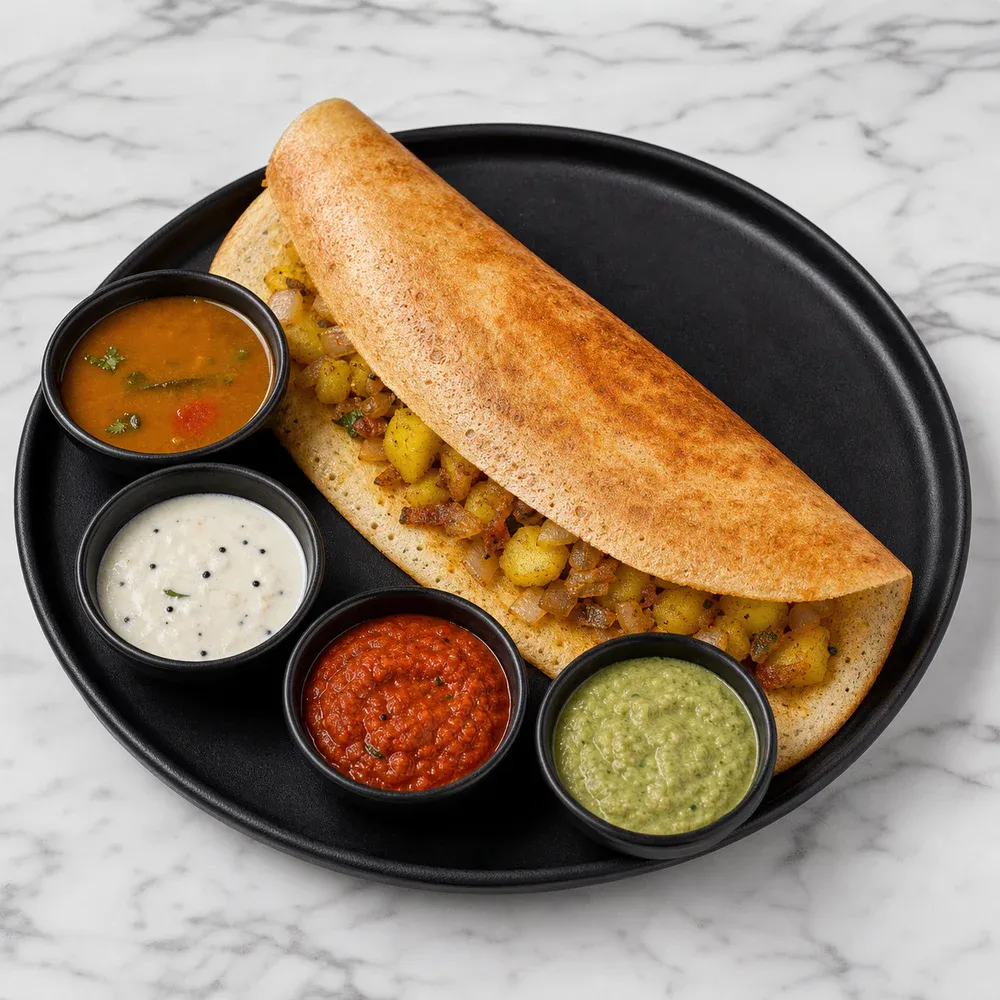 Crispy dosa filled with spiced potato masala and onions.
