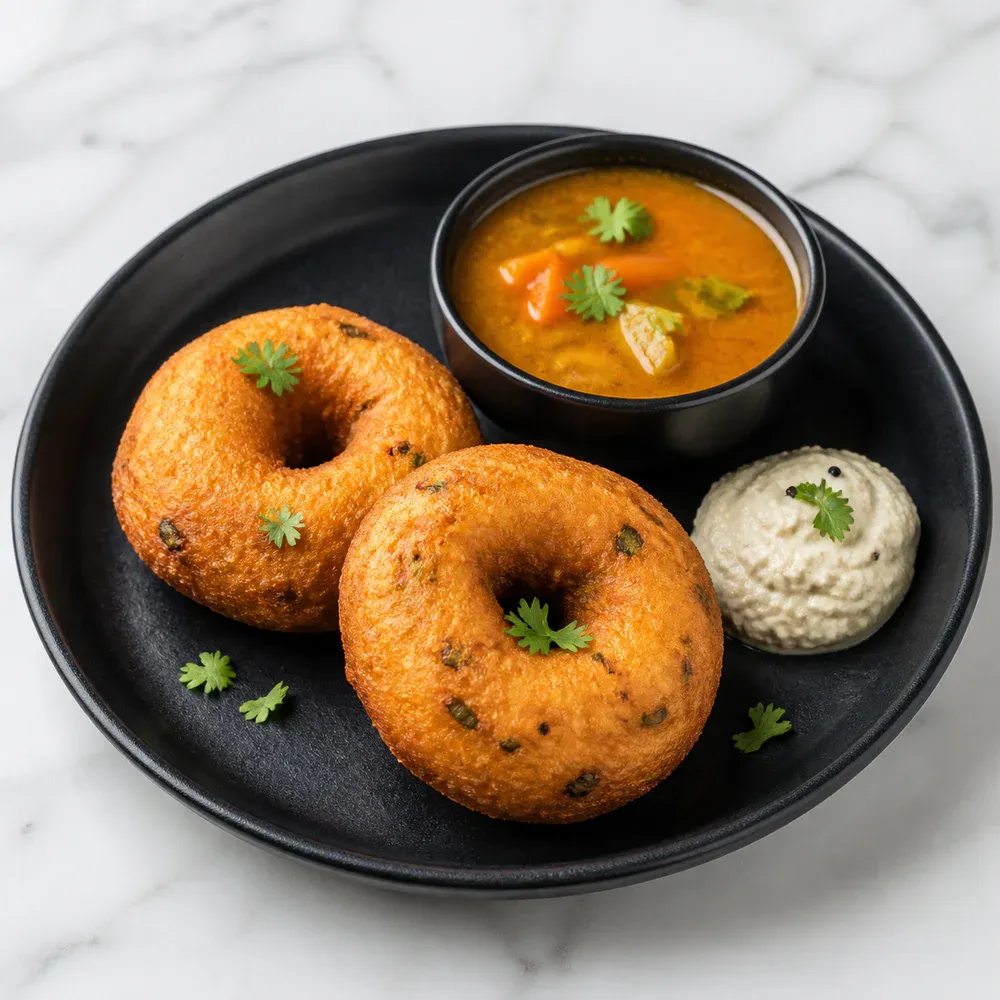 Crispy fried lentil doughnuts served with sambar and chutney.
