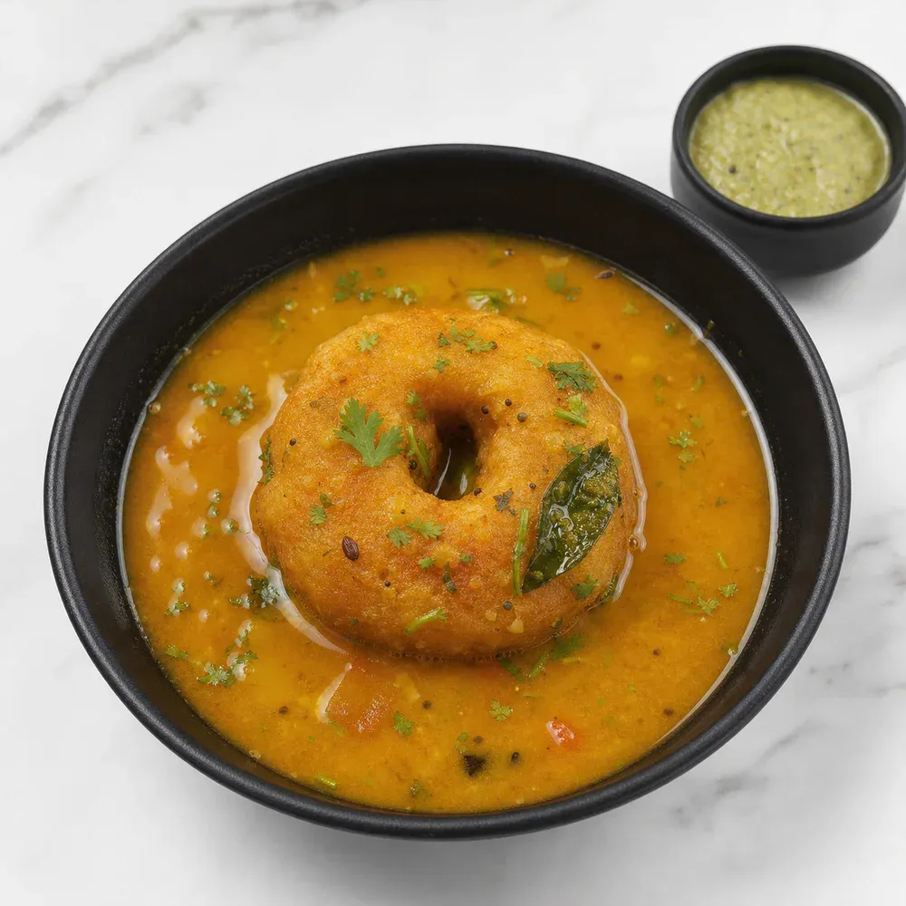 South Indian savory lentil doughnut soaked in sambar.