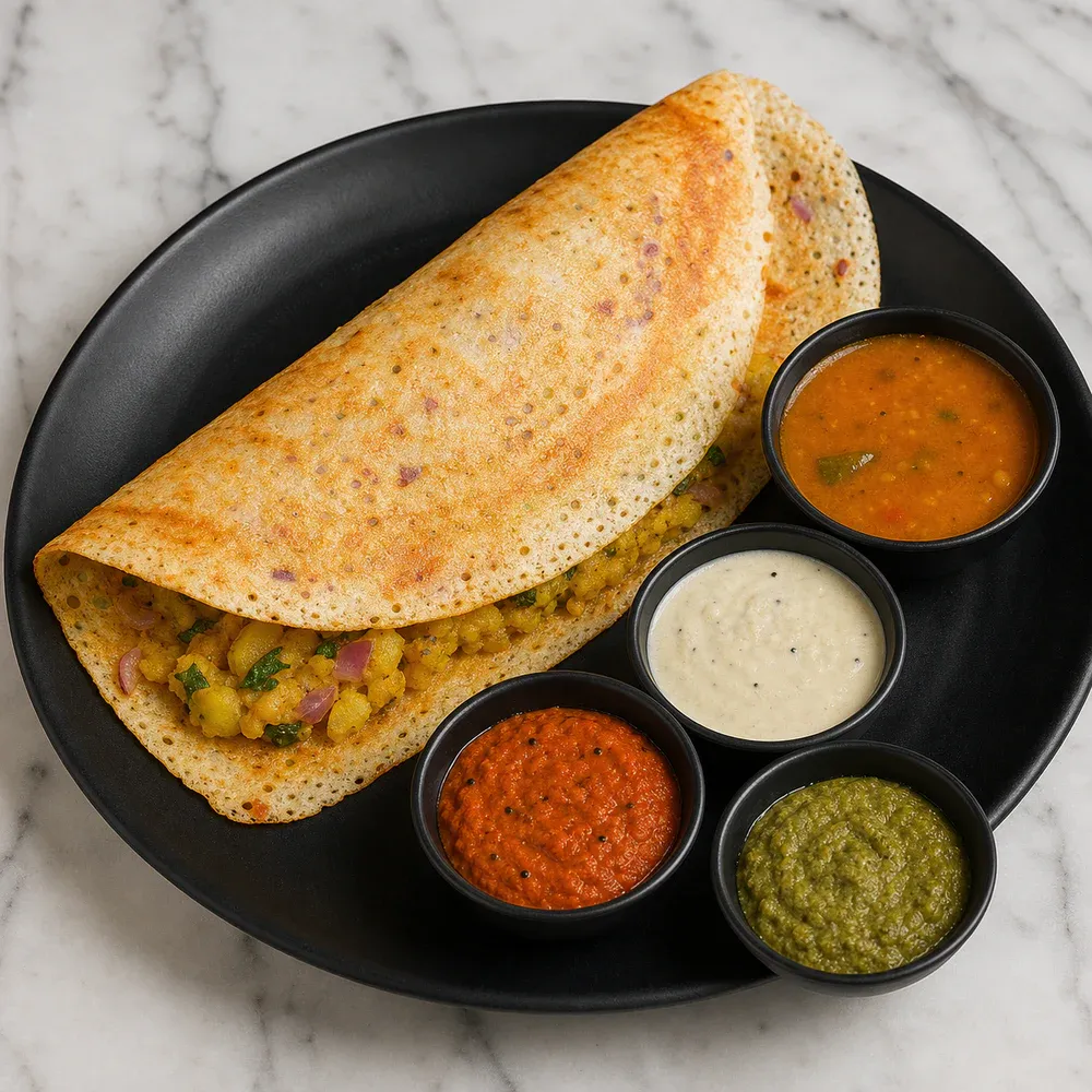 A crispy semolina-and-rice crepe with onions, filled with spiced potato masala.