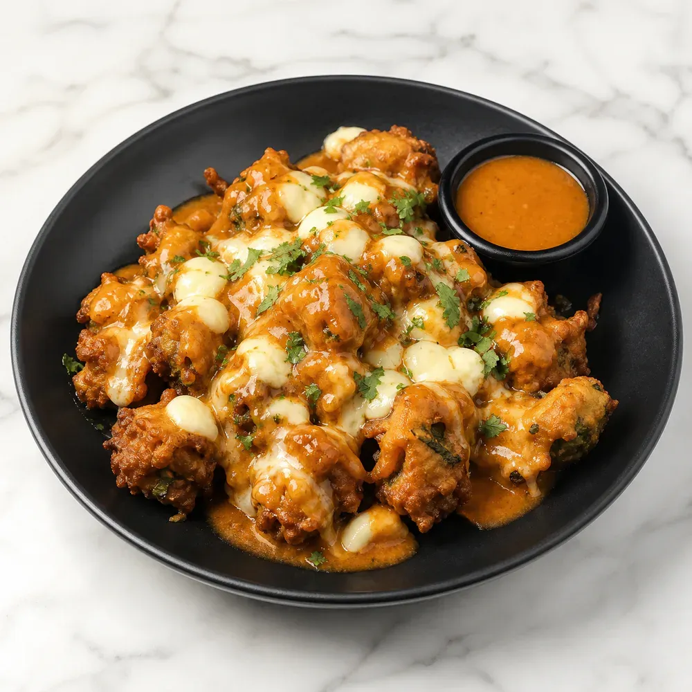Pakoras with butter sauce and cheese.