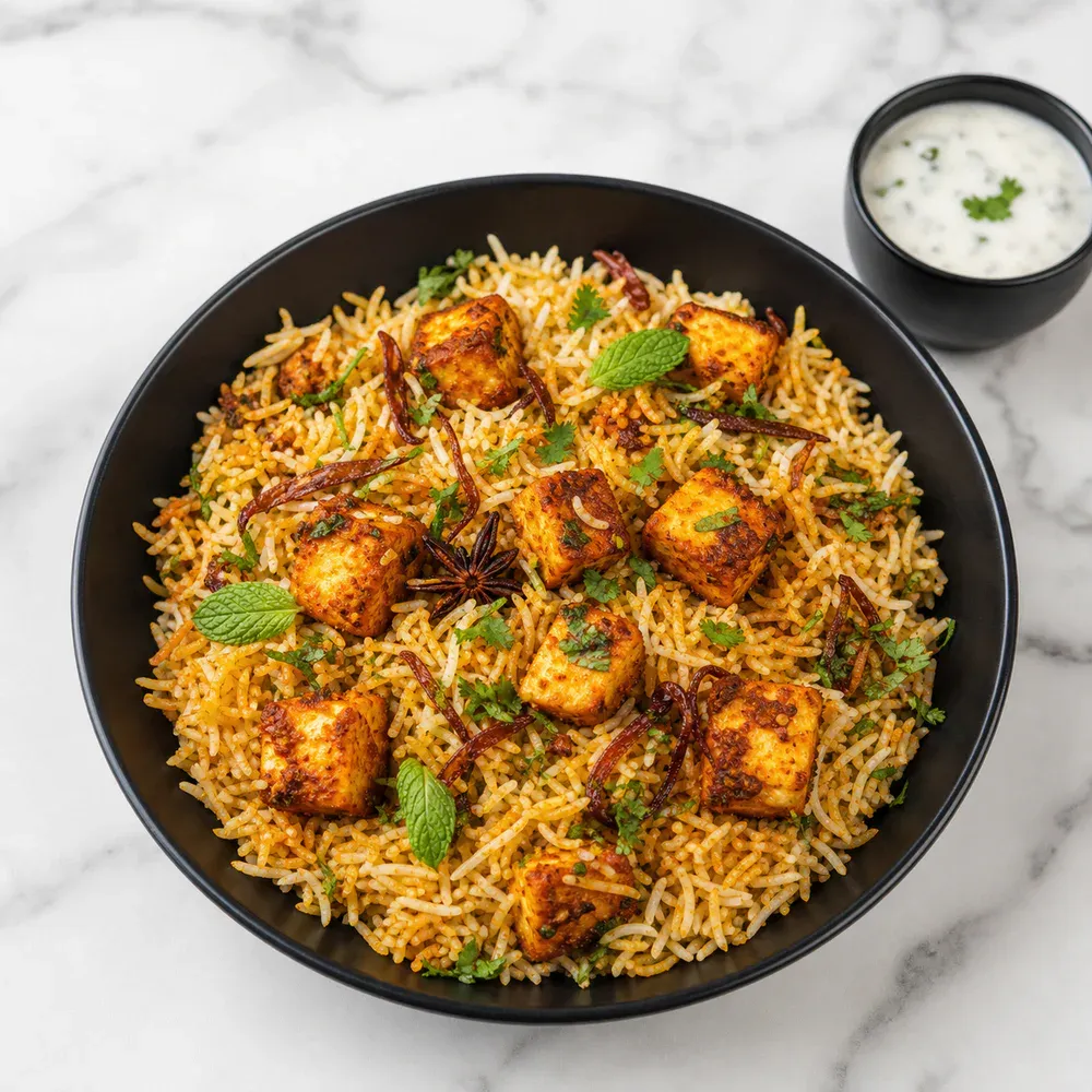 Spicy fried Paneer 65 layered with fragrant basmati rice, herbs, and biryani spices.