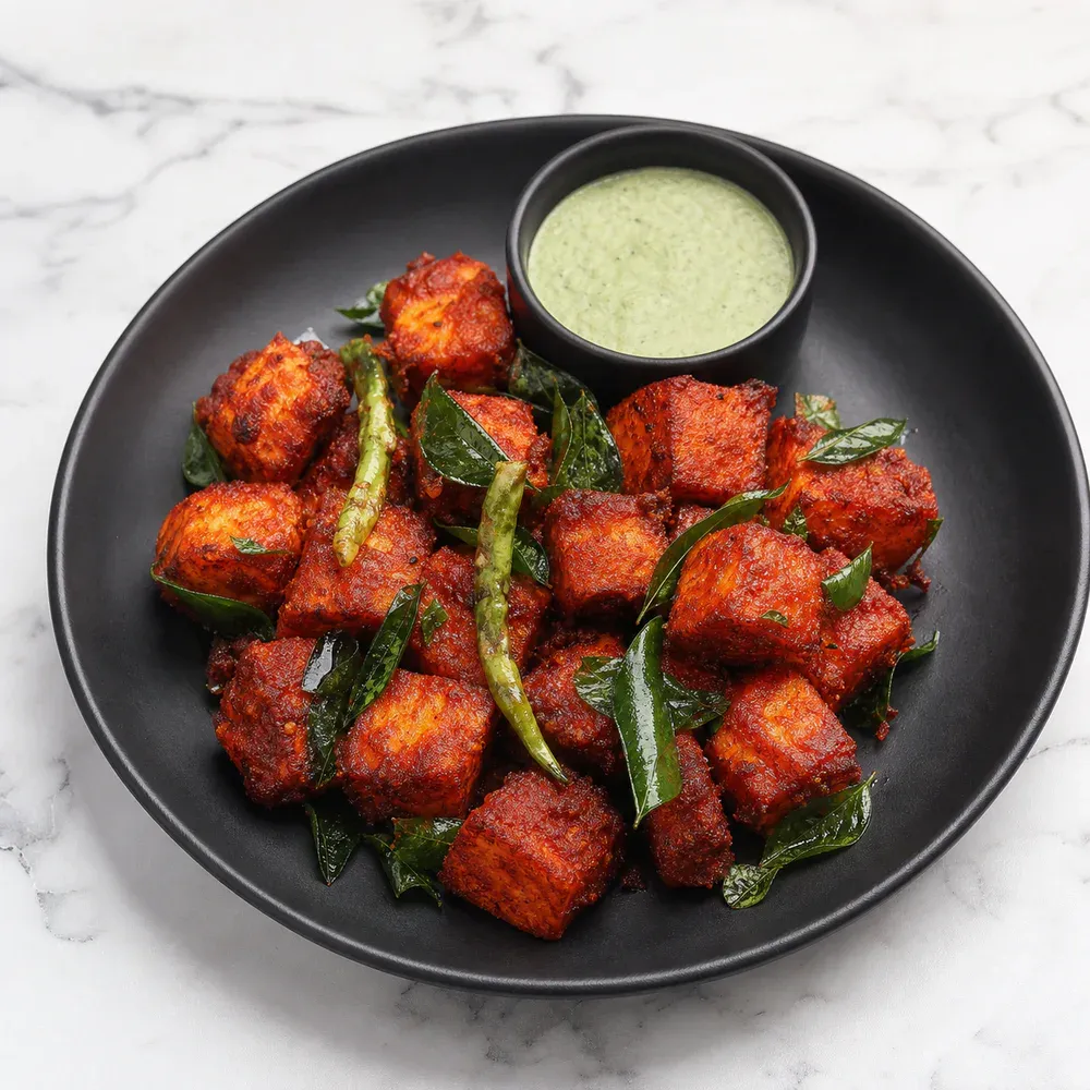 Paneer cubes marinated with South Indian spices and deep-fried.