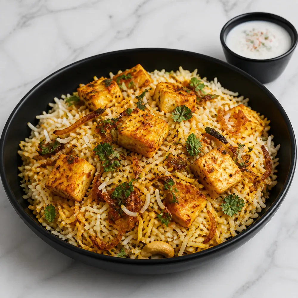 Paneer layered with fragrant basmati rice, herbs, and biryani spices.