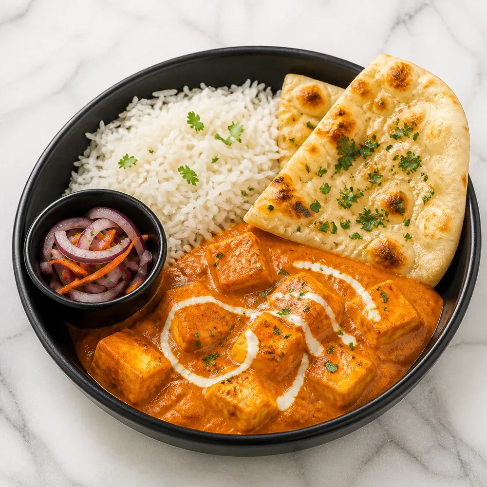 Paneer butter masala served with rice, naan, and a side.