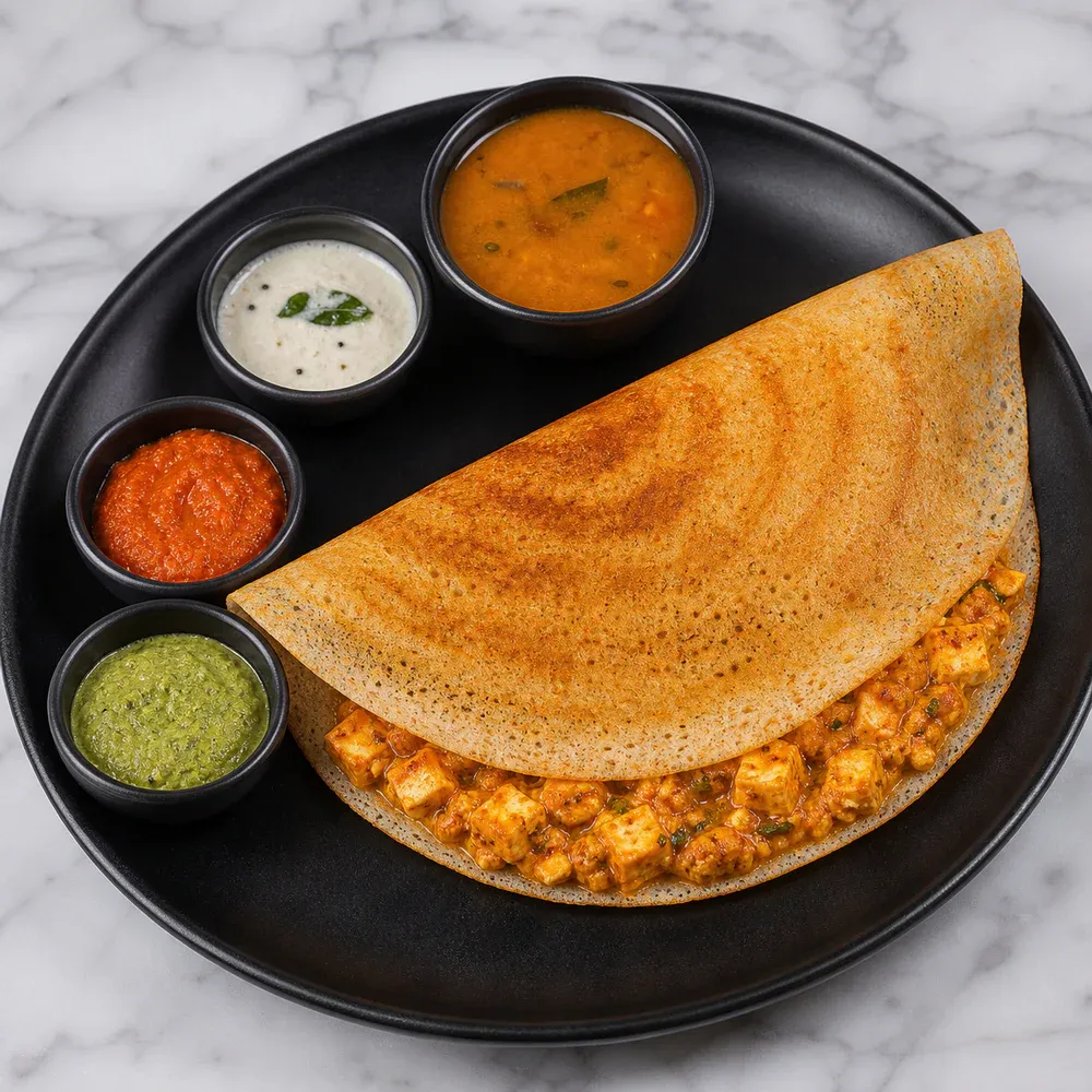 Dosa stuffed with cottage cheese cooked in a creamy tomato sauce.