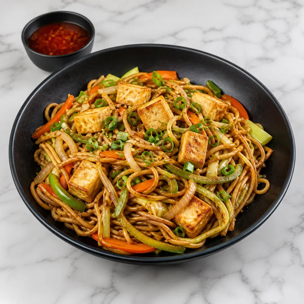 Stir-fried noodles with paneer, vegetables, and Indo-Chinese sauces.