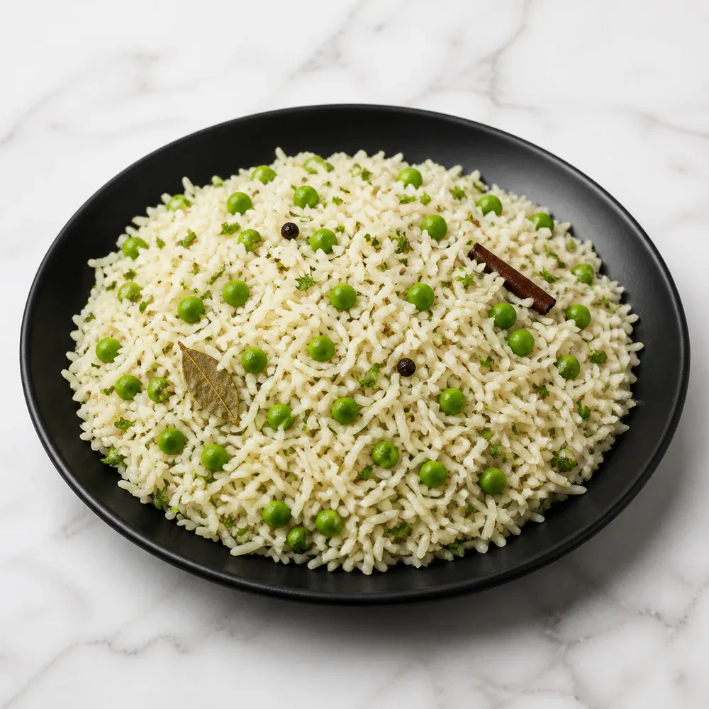 Fragrant basmati rice cooked with green peas and mild spices.
