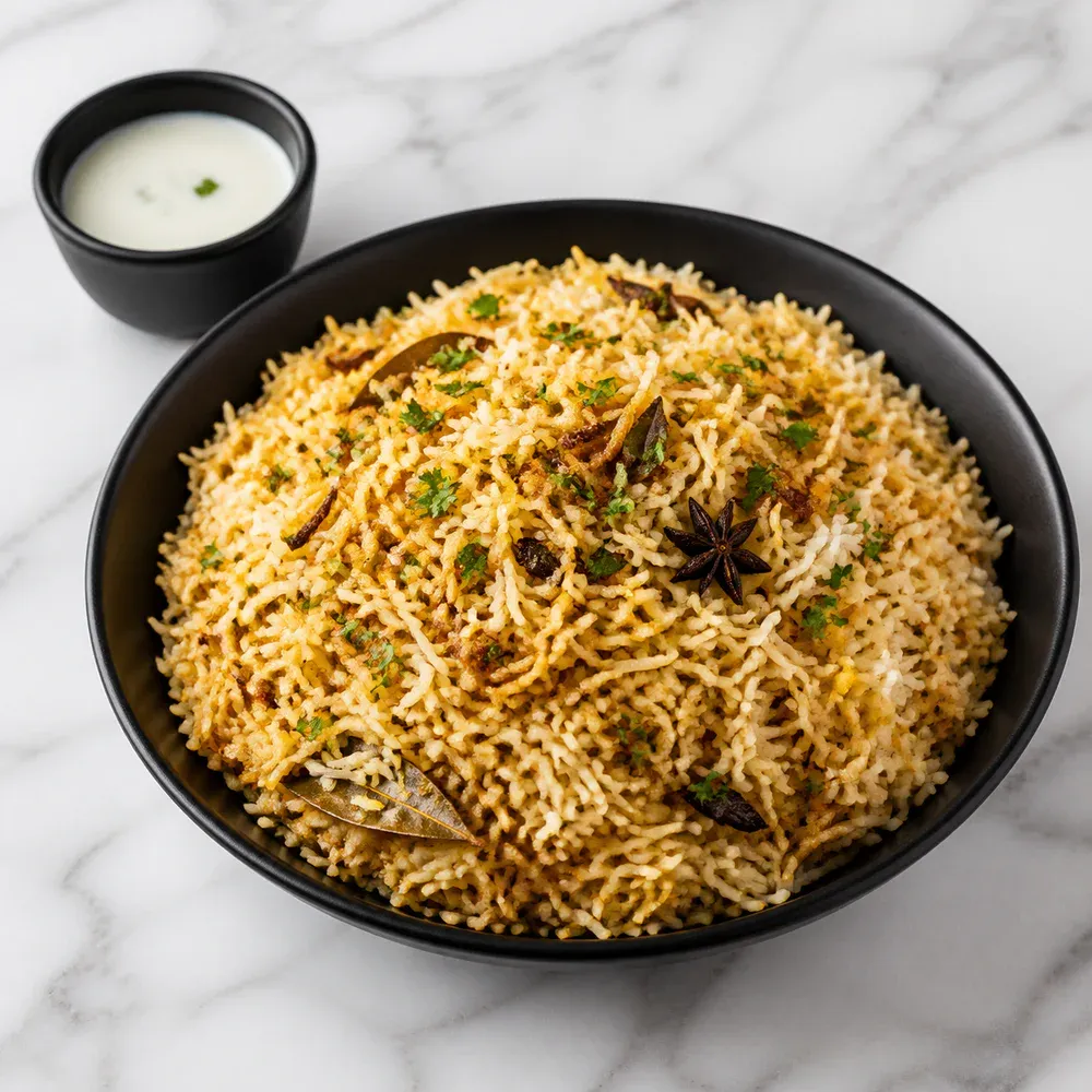 Fragrant basmati rice layered with herbs and biryani spices.