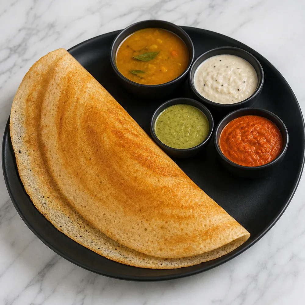 A crispy South Indian rice-and-lentil crepe, served with sambar and chutney.
