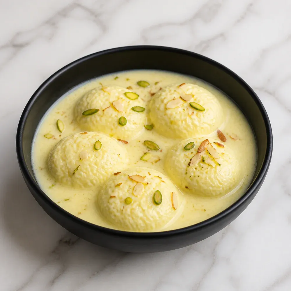Soft cheese patties in sweetened, cardamom-scented milk.