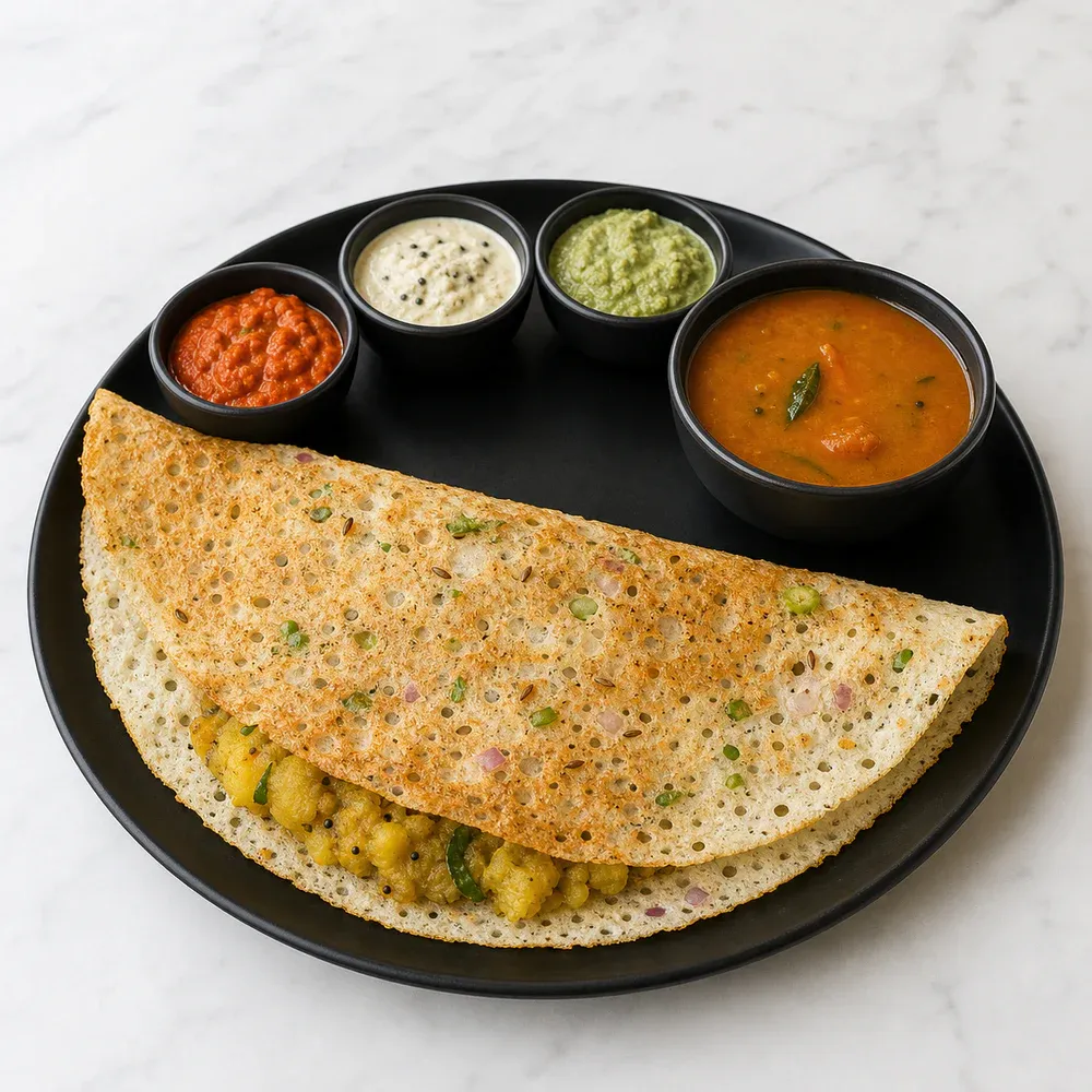 Crispy semolina-and-rice crepe filled with spiced potato masala.