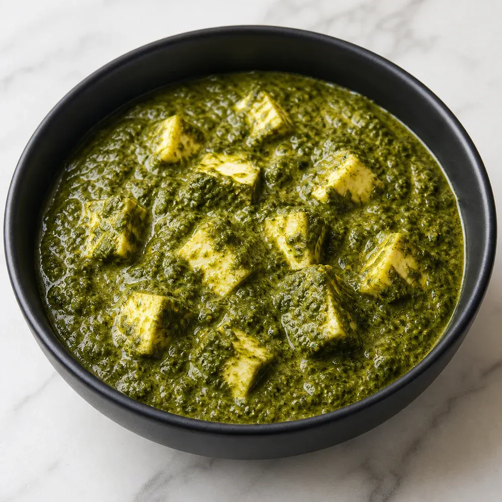 Cottage cheese cooked in a creamy spinach sauce.