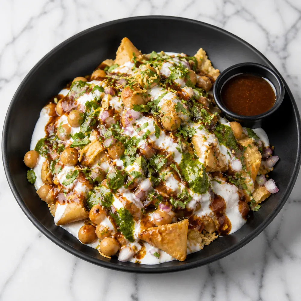Crushed samosas topped with chickpeas, yogurt, and tamarind-and-mint chutneys.