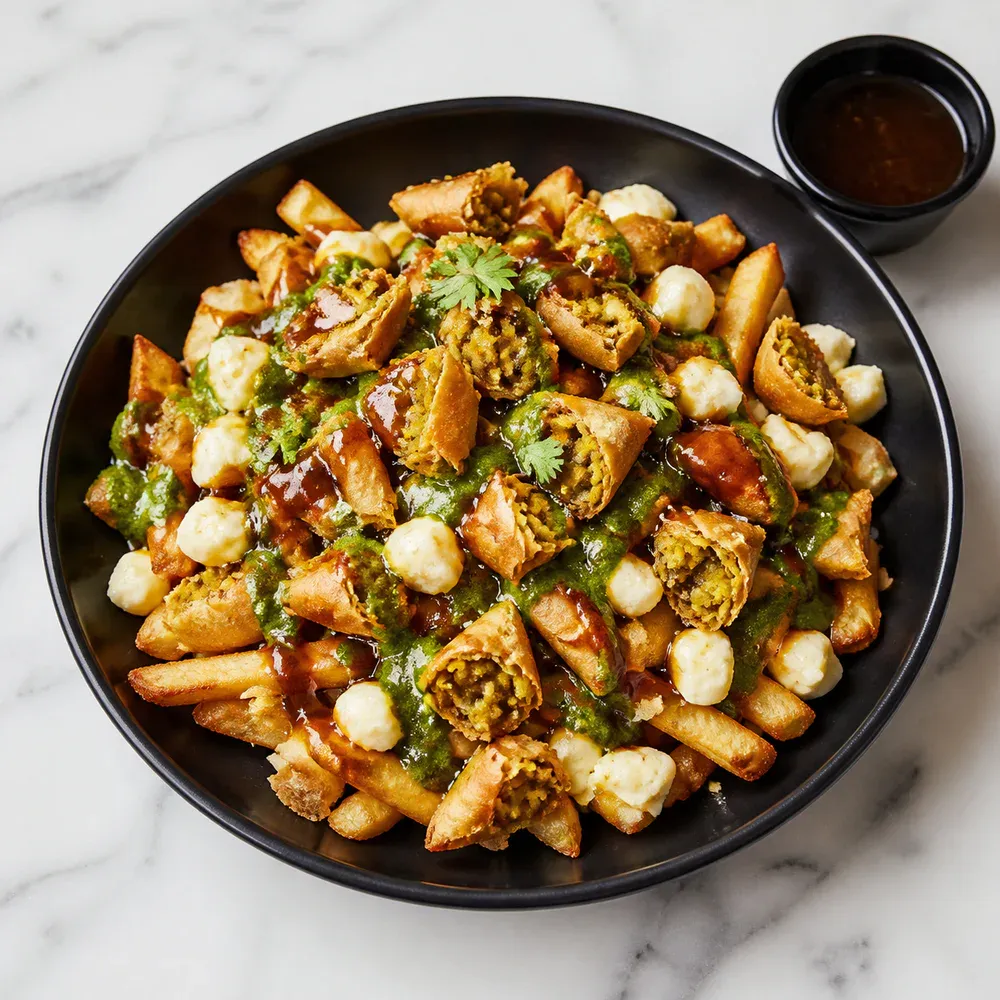 Crispy fries topped with crumbled samosa, chutneys, and cheese curds.