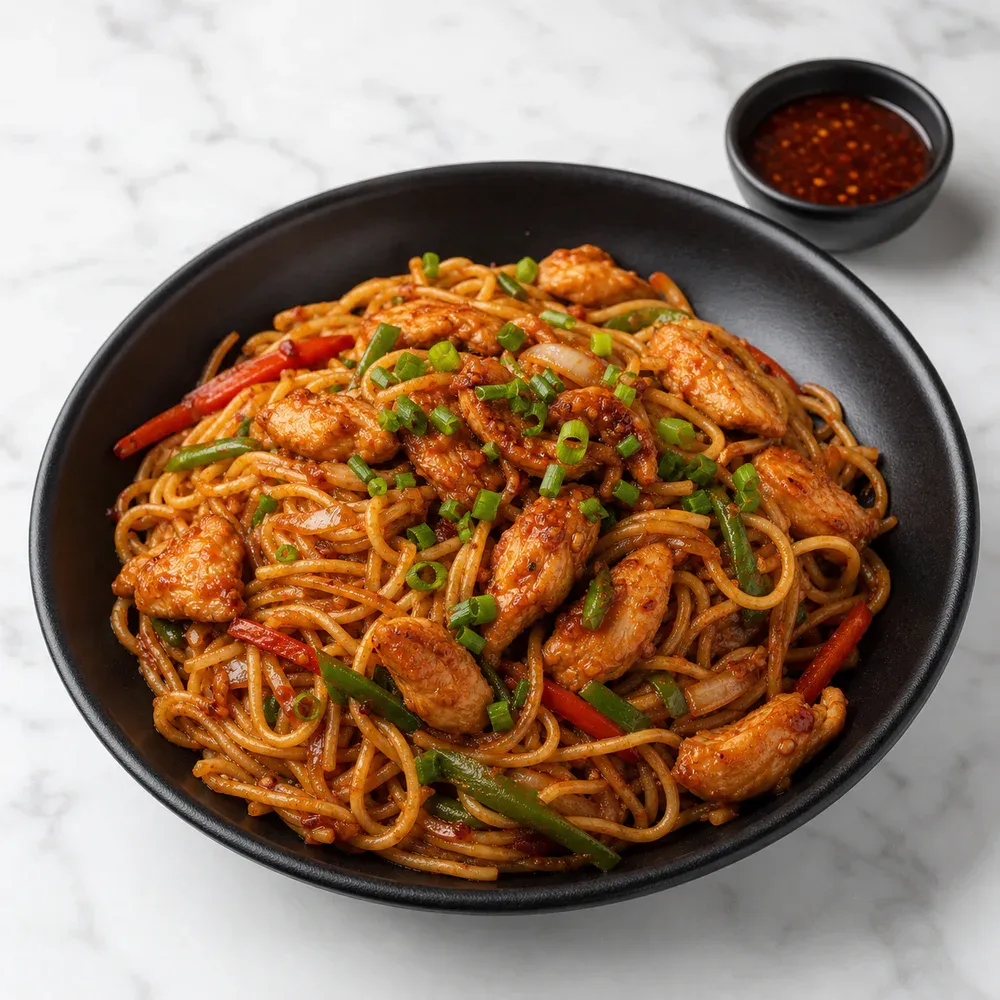 Spicy stir-fried noodles with chicken in fiery Schezwan sauce.