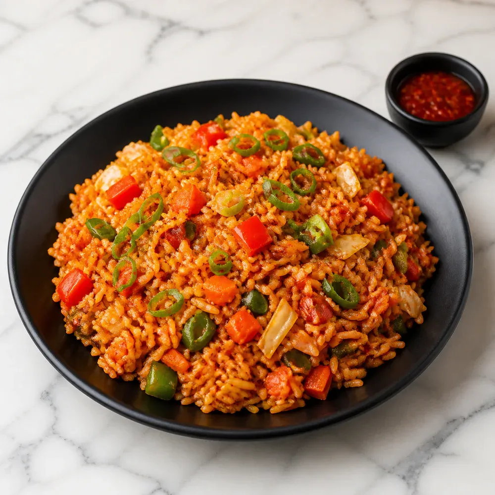 Spicy wok-tossed rice with vegetables in fiery Schezwan sauce.