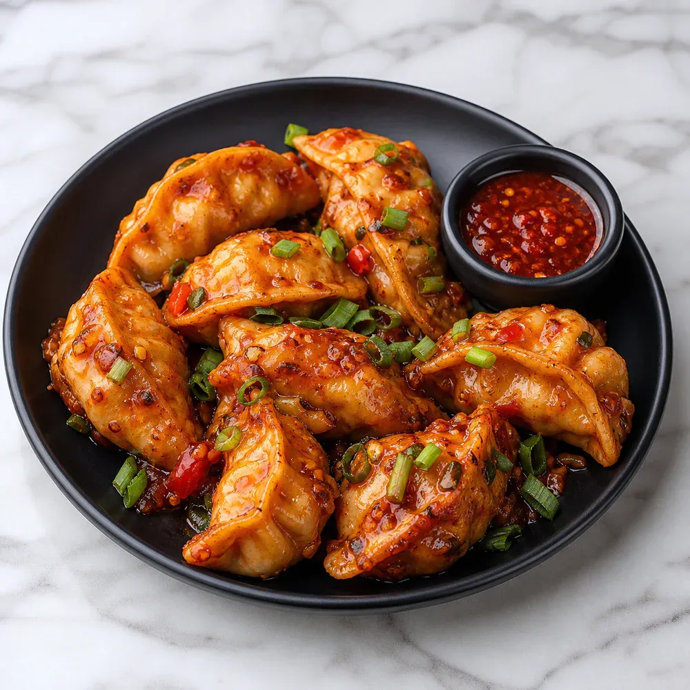 Steamed vegetable dumplings tossed in spicy Schezwan sauce.