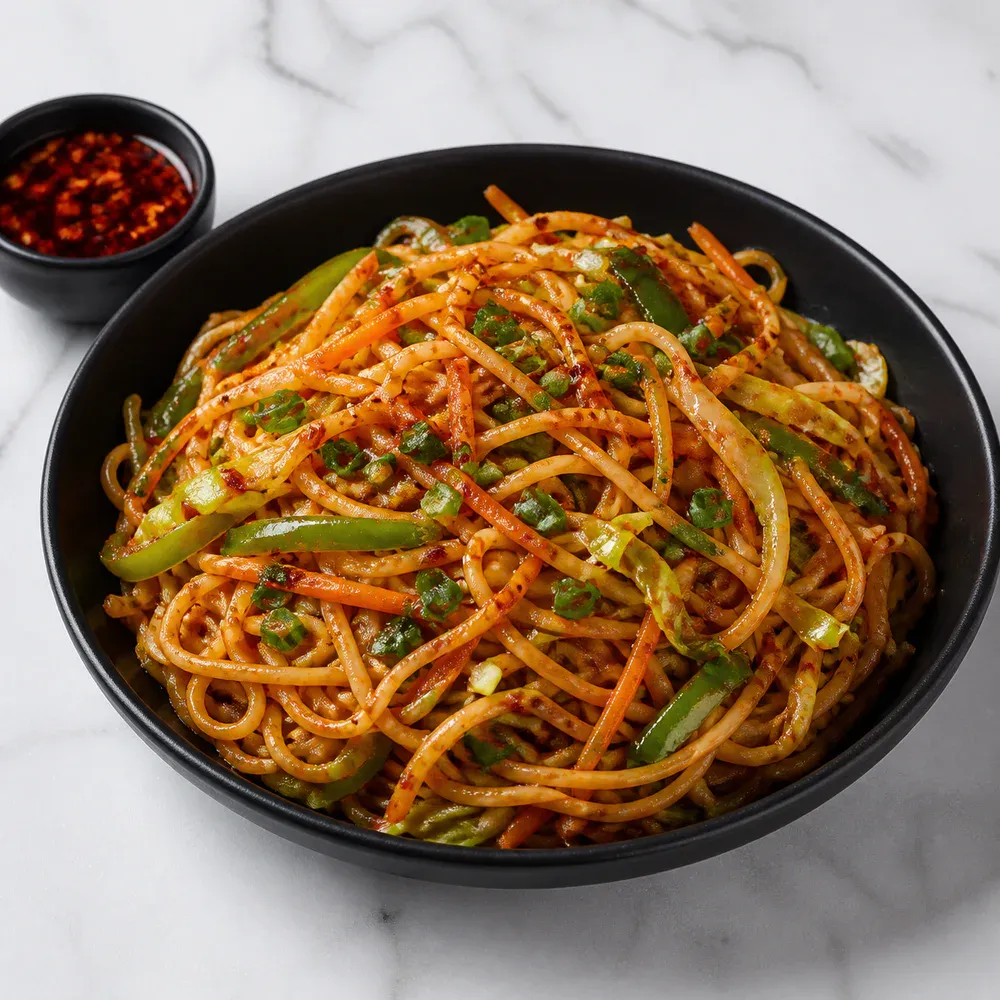 Spicy stir-fried noodles with vegetables in fiery Schezwan sauce.