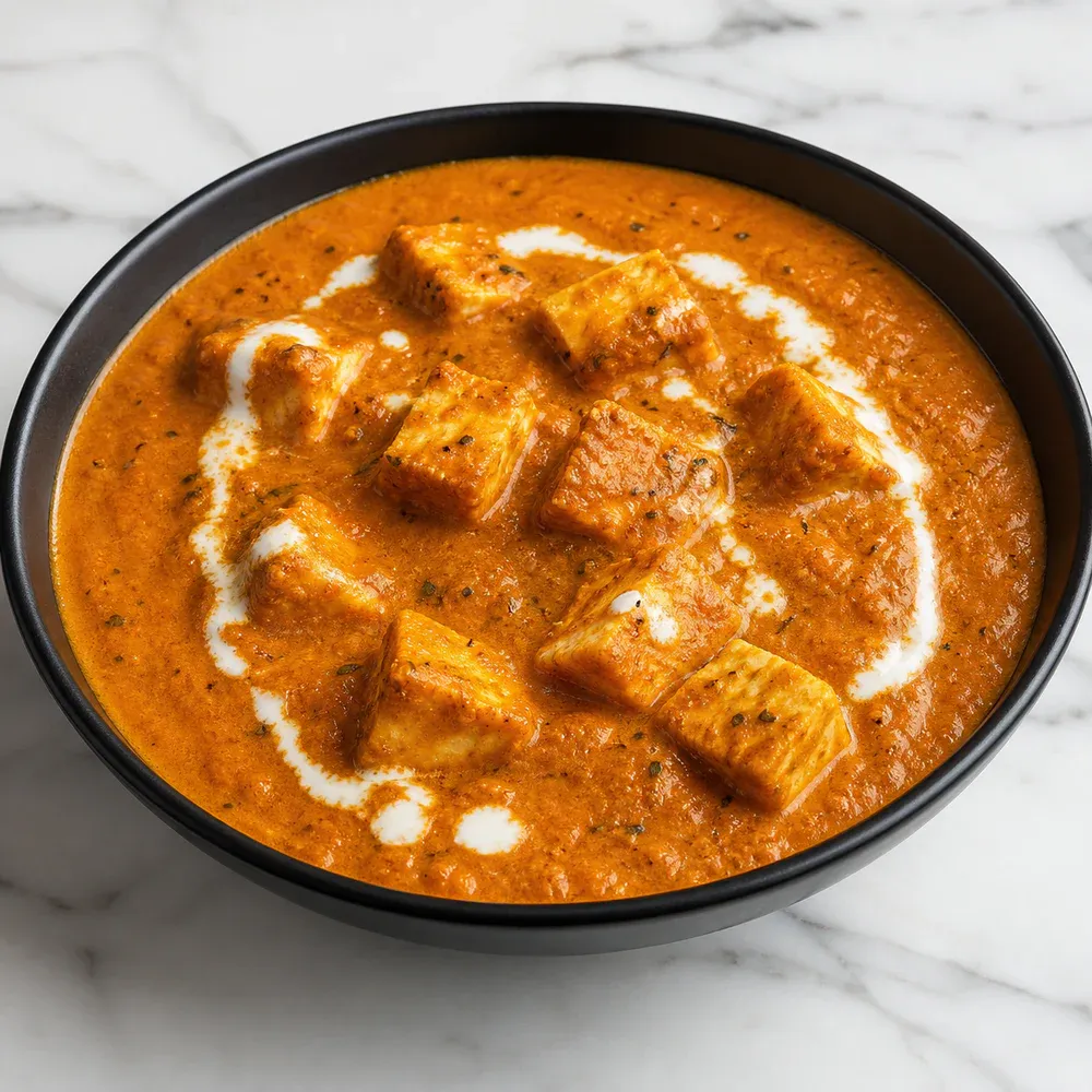 Paneer in a rich, mildly sweet cashew-and-cream tomato gravy.