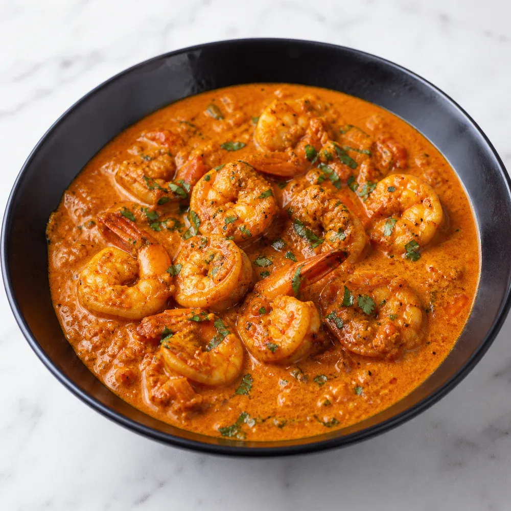 Shrimp curry made with coconut milk, tomato sauce, and warm Indian spices.