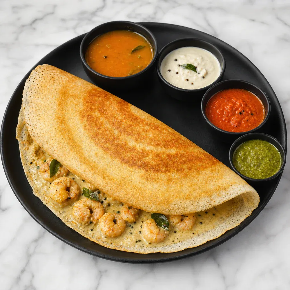Dosa stuffed with shrimp in a creamy coconut sauce.
