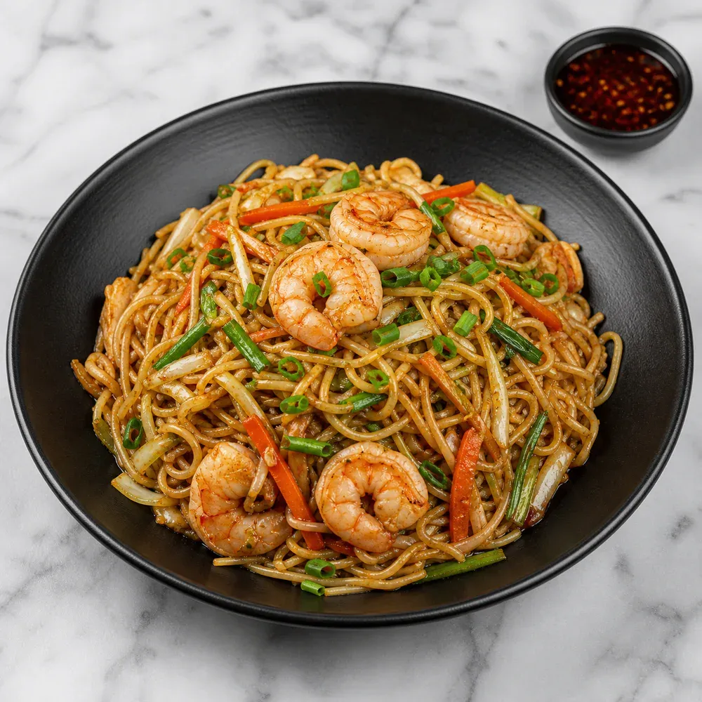 Stir-fried noodles with shrimp, vegetables, and Indo-Chinese sauces.
