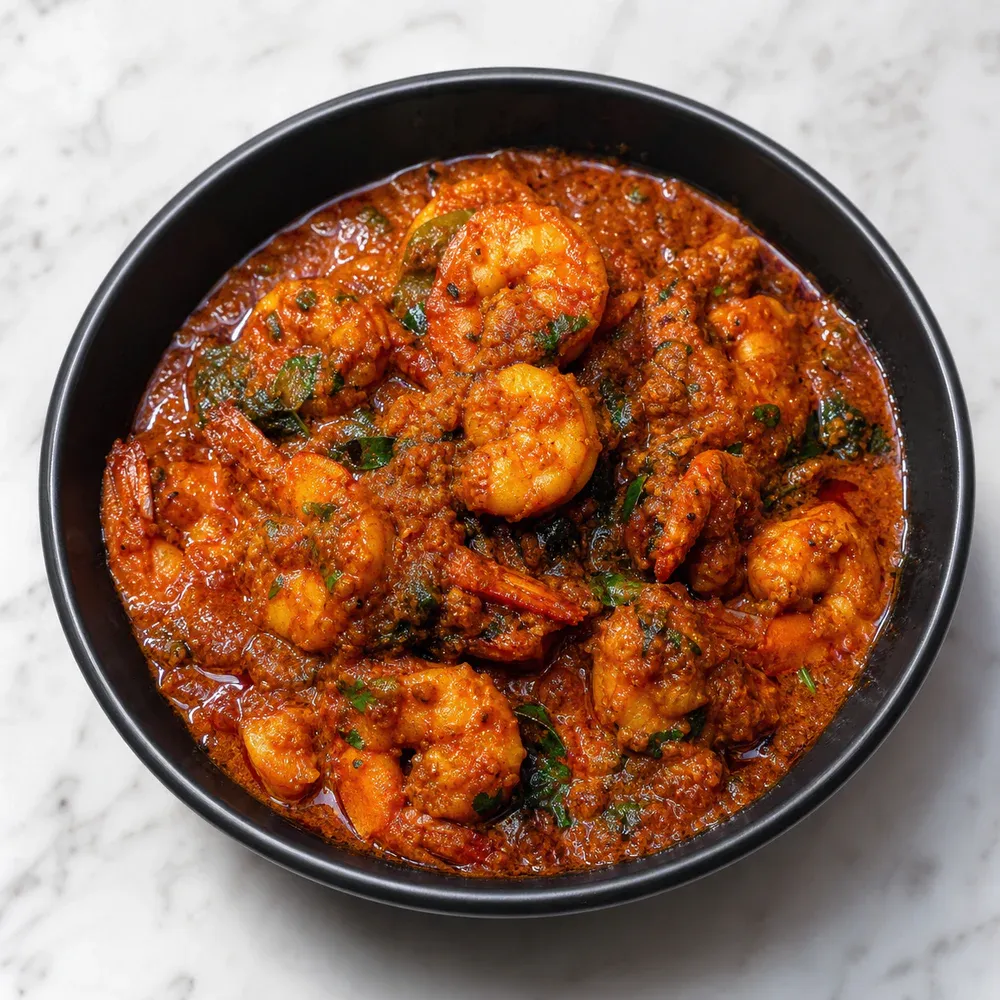 Shrimp curry made with a blend of chili and spices.