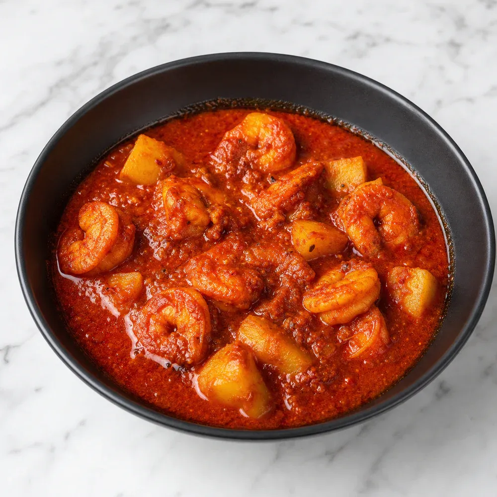 Goan-style shrimp curry with red chili, potatoes, and vinegar.