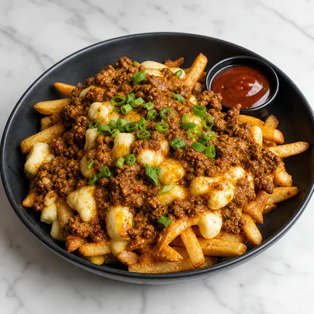 Fries with curried minced beef and cheese.