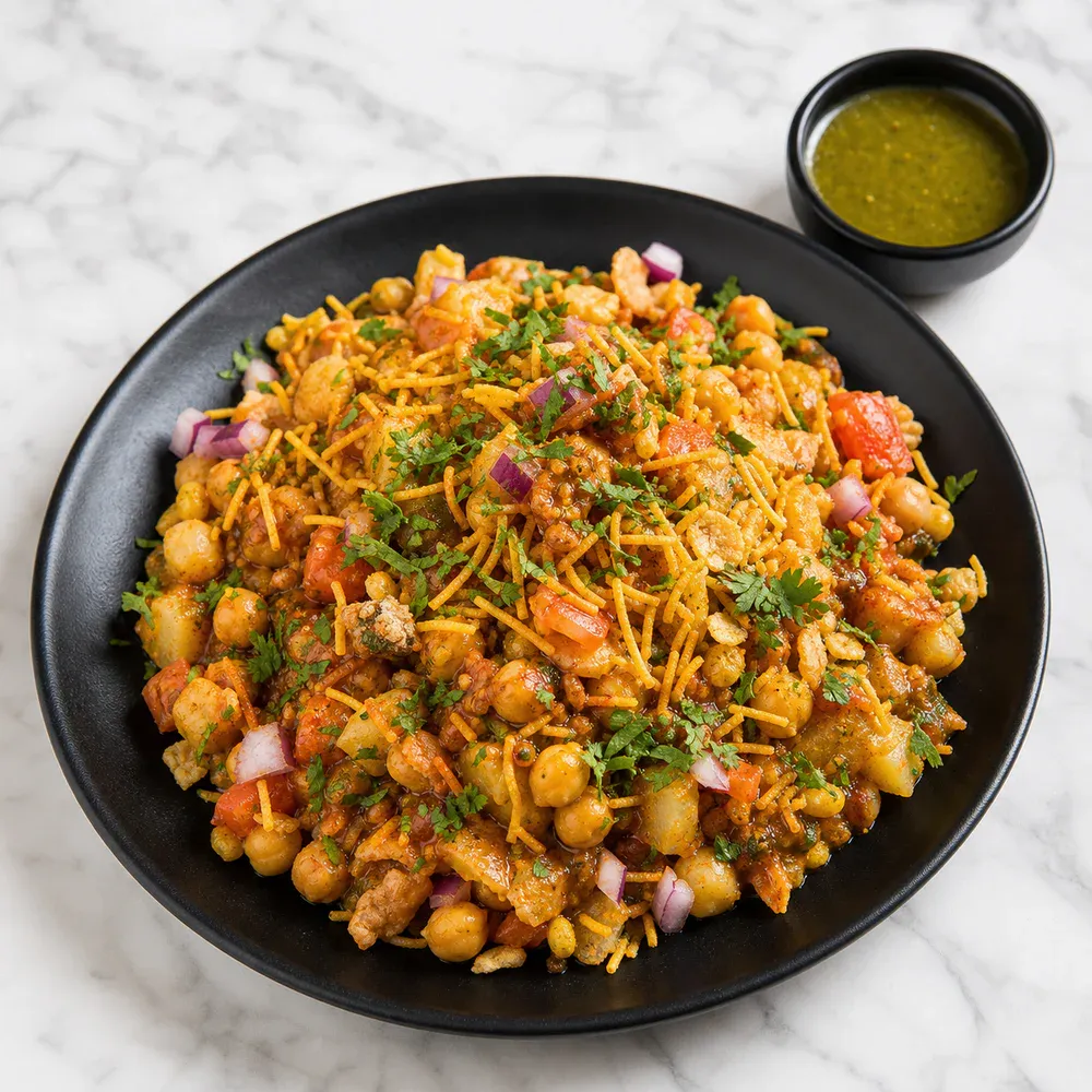 A tangy, spicy street-style chaat tossed with crunchy mix and chutneys.