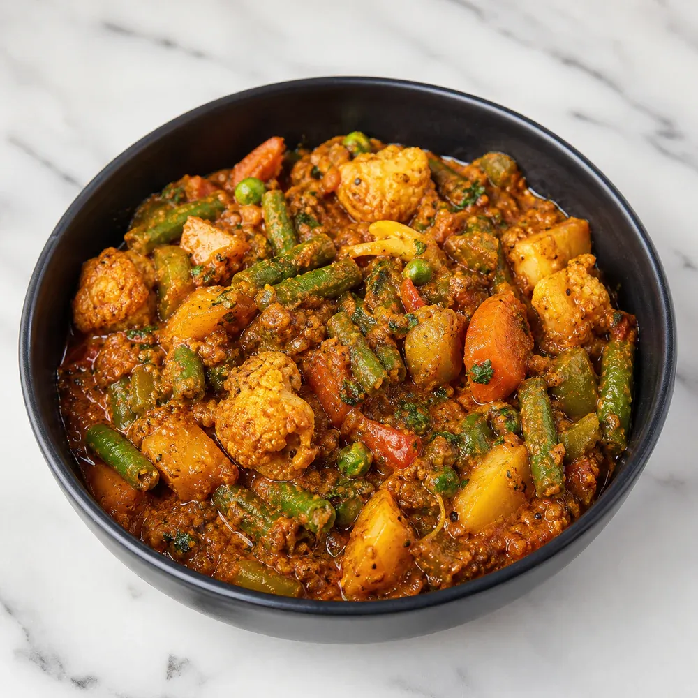 Seasonal garden vegetables in a spicy, tangy sauce.