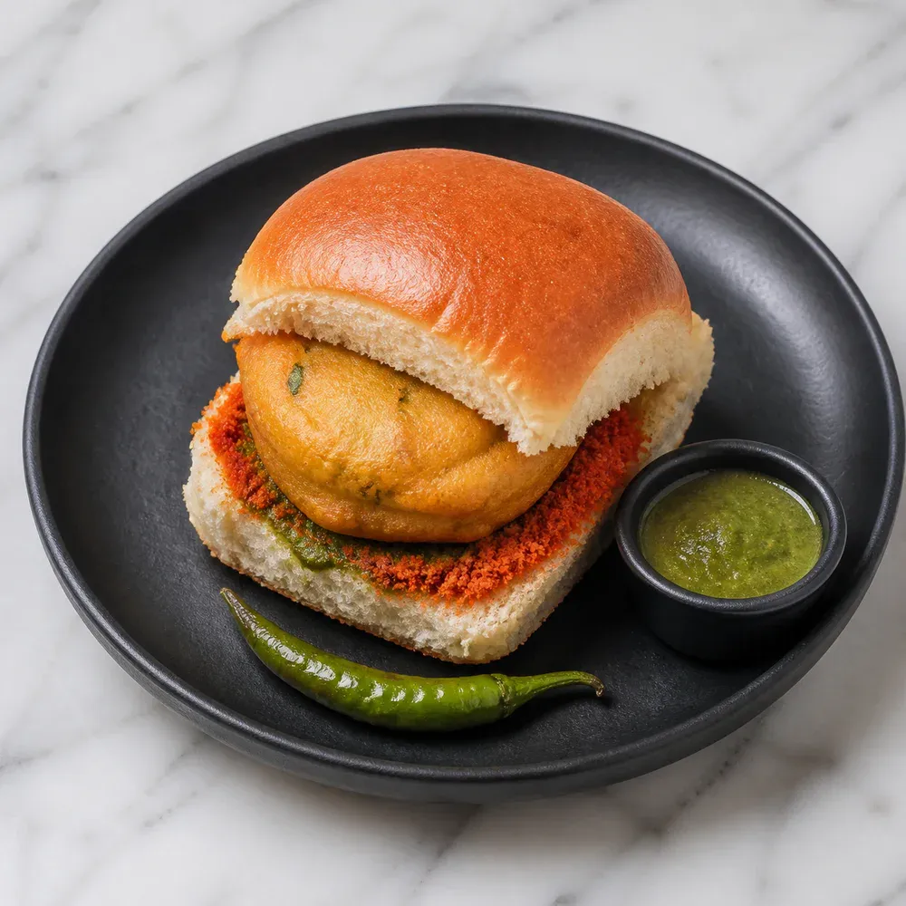 Mumbai street classic: a spiced potato fritter tucked into a soft pav with chutneys.