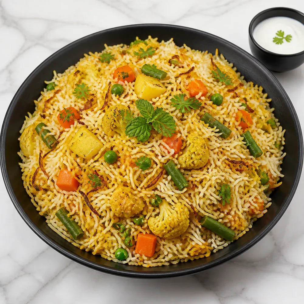 Mixed vegetables layered with fragrant basmati rice, herbs, and biryani spices.