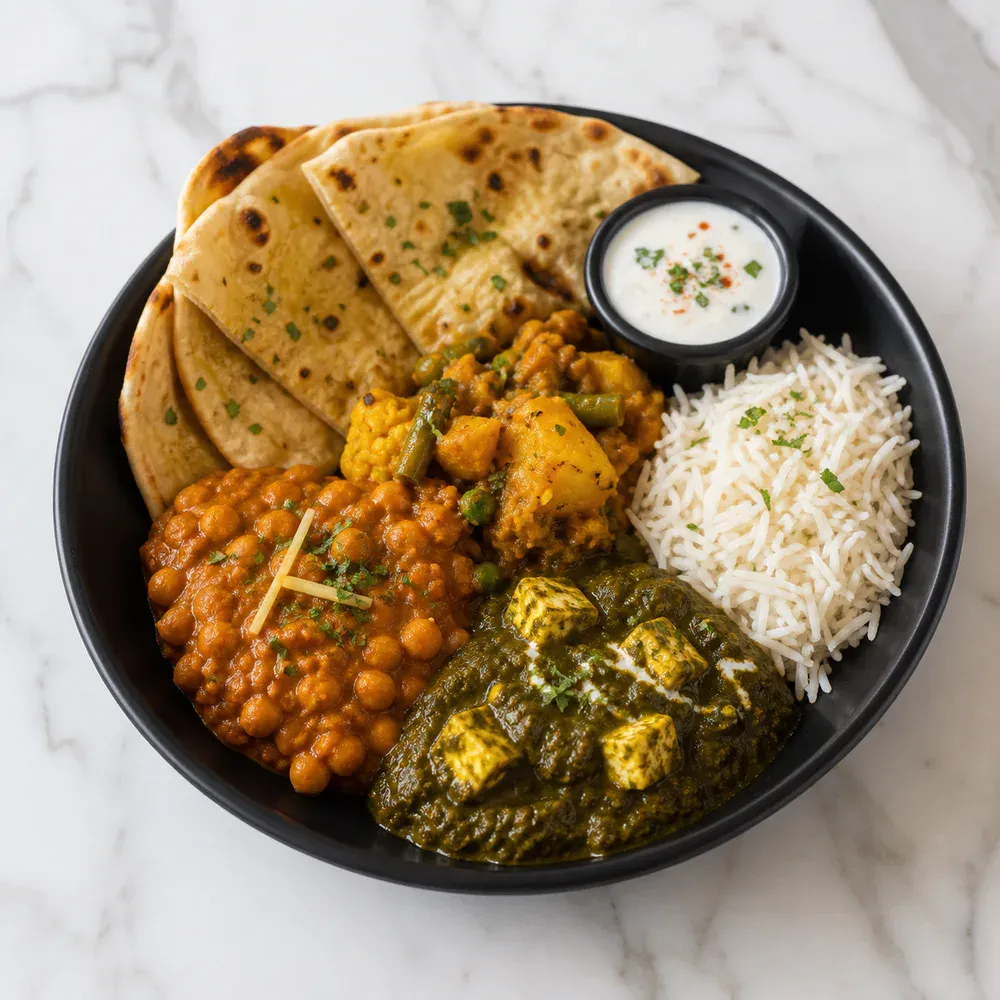 A shared vegetarian feast for two with curries, rice, and bread.