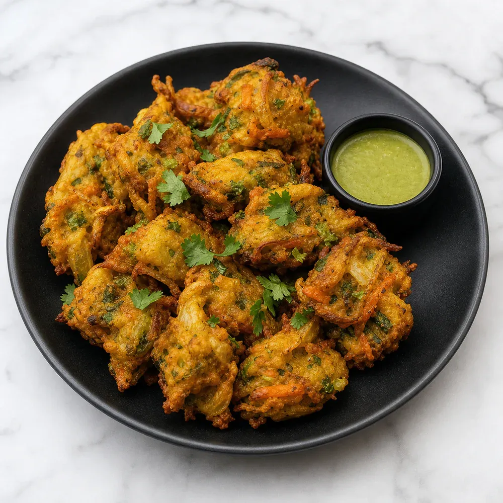 Mixed vegetable fritters made with spiced chickpea flour.
