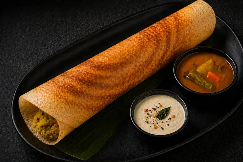 Finished South Indian dishes served with chutneys