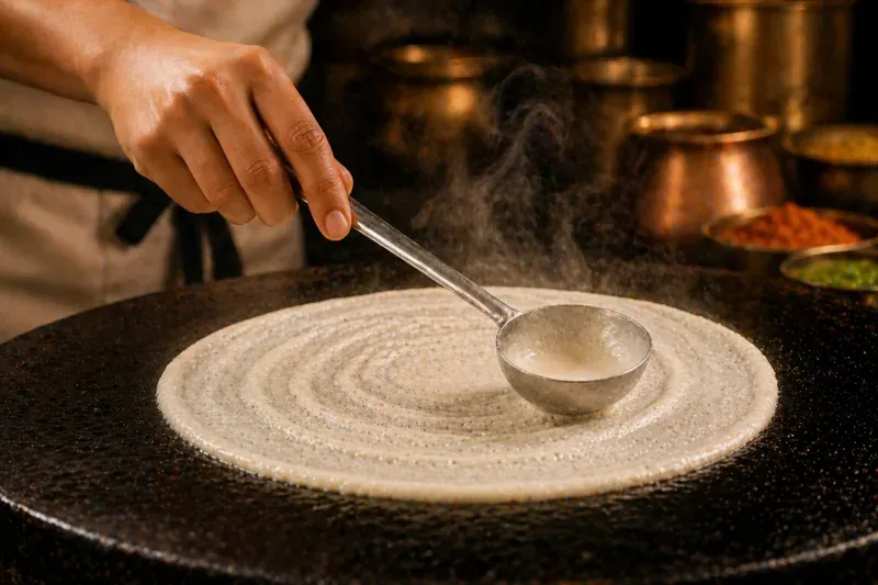 A dosa cooked on a hot griddle with careful technique
